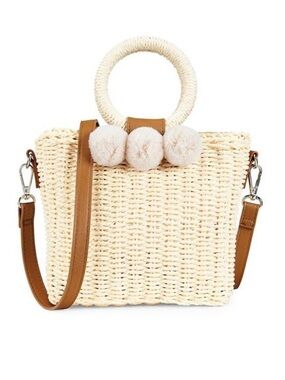 Collection 18 Straw Bucket Bag Woven Crossbody Pom Poms Purse Cream Summer